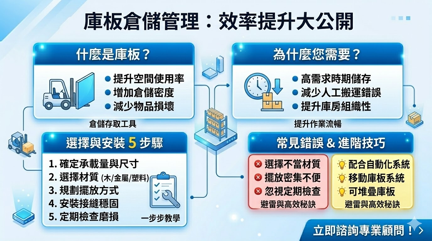 庫板是倉儲管理中的重要工具，用於有效組織和存放貨物，提升倉庫空間的利用率。它能幫助減少物品損壞，並提高存取效率，特別是在大型倉儲或物流環境中。選擇合適的庫板可以優化倉儲流程，降低人力成本，並確保貨物安全。無論是木質、金屬還是塑料庫板，適當的配置和維護能顯著提升倉儲管理的效果。