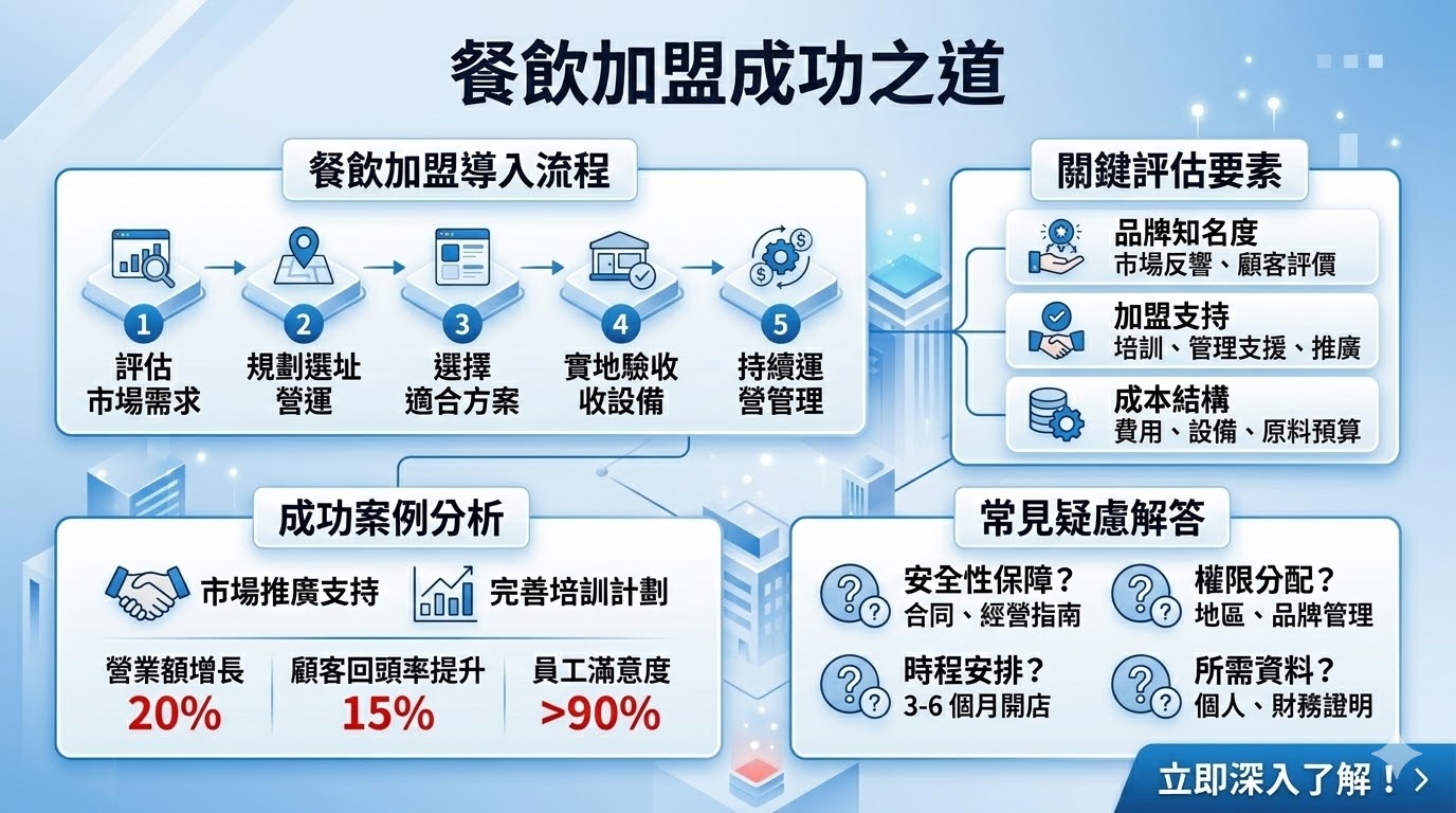 餐飲加盟是創業者進入餐飲行業的一個熱門選擇。通過加盟,您可以借用成熟品牌的影響力與經營模式,減少創業風險,並享受品牌方的運營支持和市場推廣協助。選擇合適的餐飲加盟方案不僅能提高成功率,還能提升品牌知名度與營運效率。本文將深入探討餐飲加盟的導入流程、選型評估方式、常見問題解答,並分享成功案例,幫助您做出明智的加盟決策。