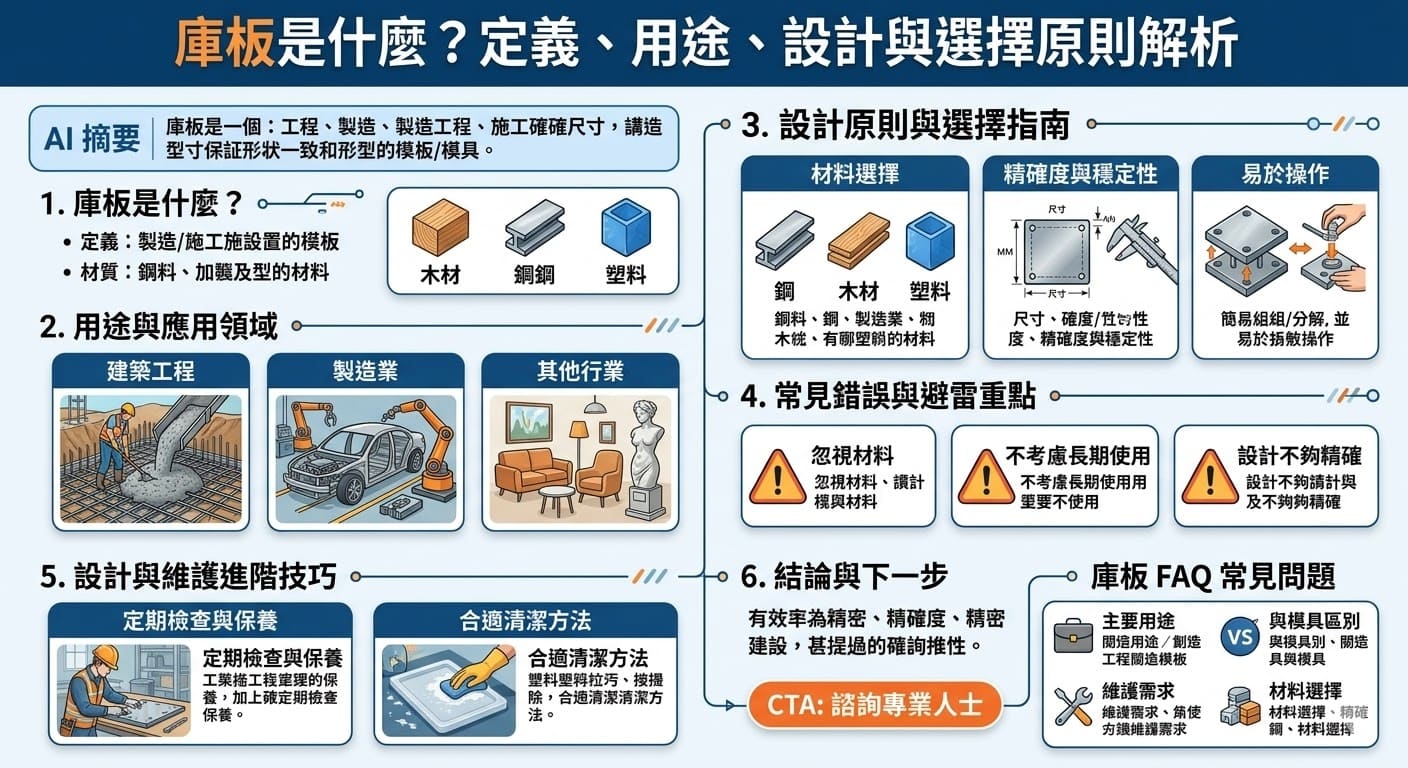 庫板是用於建設、製造及設計過程中的重要工具，作為模板或支撐結構，確保產品的尺寸和形狀精確。本文將詳細介紹庫板的定義與基本功能，並探討其在不同領域中的應用，如建築工程和製造業。選擇合適的庫板材料與設計原則，不僅能提升工作效率，還能減少錯誤率。了解如何挑選庫板，對於任何需要精確模板的工作環境都至關重要。