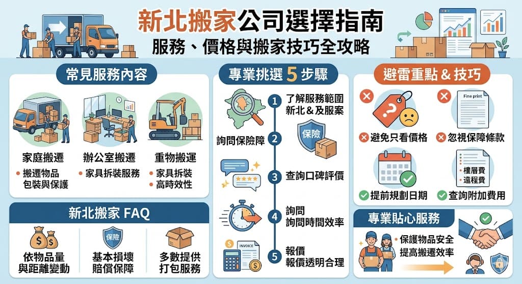 在選擇新北搬家公司時，價格和服務質量是兩個關鍵因素。本文將介紹如何挑選一家可靠的搬家公司，包括搬家服務的範圍、如何查詢搬家公司口碑以及搬遷過程中的常見錯誤與避雷技巧。無論是家庭搬遷、辦公室搬遷或大宗物品搬運，選擇一家專業的新北搬家公司，將使您的搬遷過程更加順利高效。